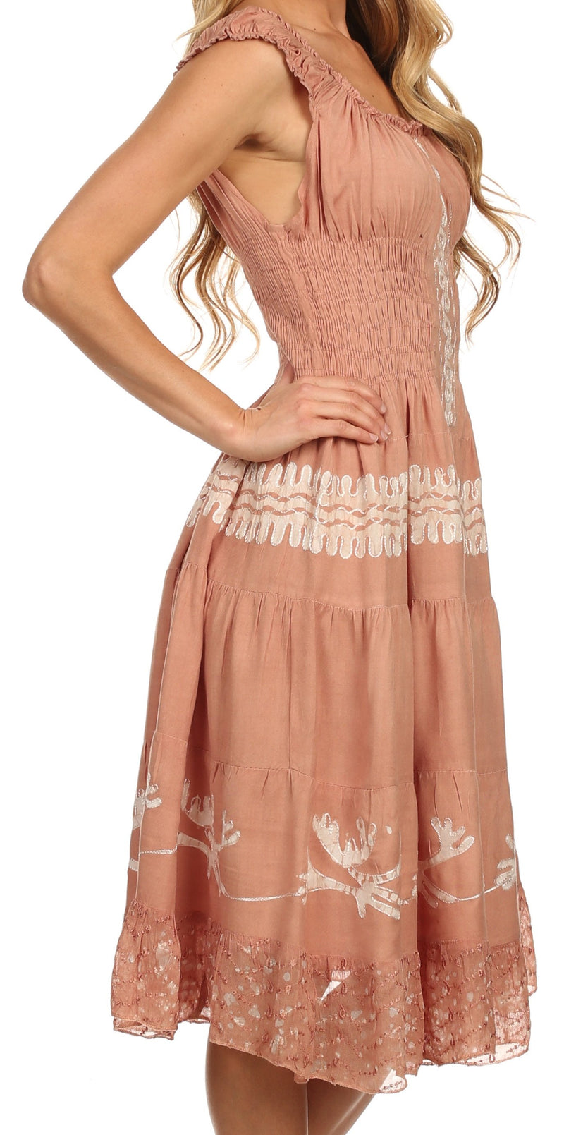 Sakkas Monica Boho Smocked Waist Sleeveless Mid-Length Embroidered Batik Dress