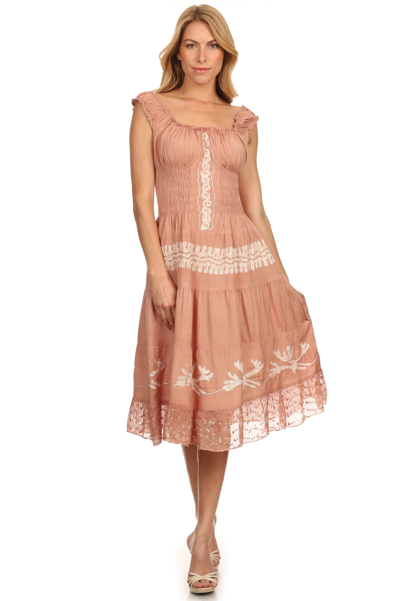 Sakkas Monica Boho Smocked Waist Sleeveless Mid-Length Embroidered Batik Dress