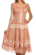 Sakkas Monica Boho Smocked Waist Sleeveless Mid-Length Embroidered Batik Dress#color_Beige/Cream