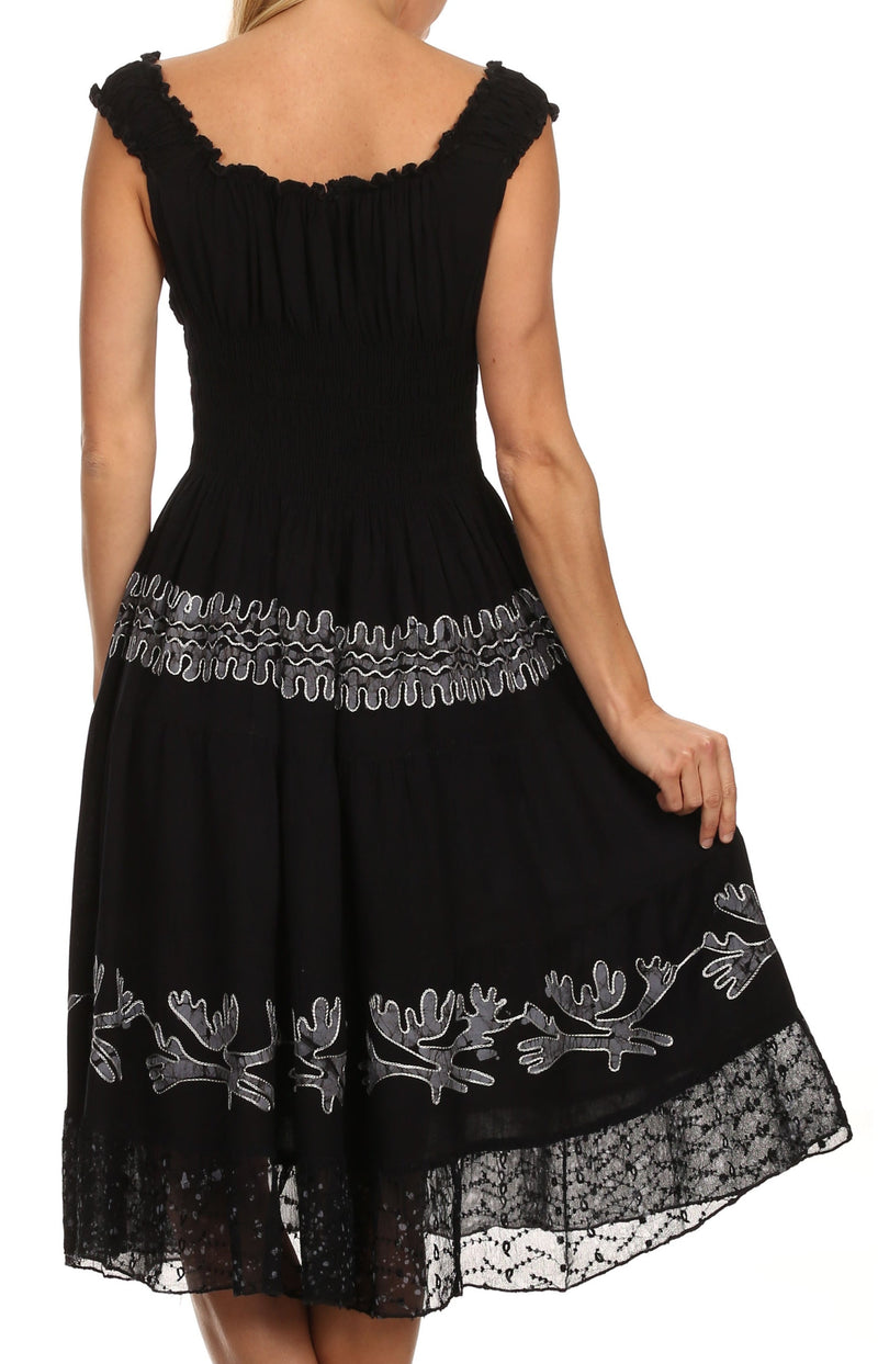 Sakkas Monica Boho Smocked Waist Sleeveless Mid-Length Embroidered Batik Dress