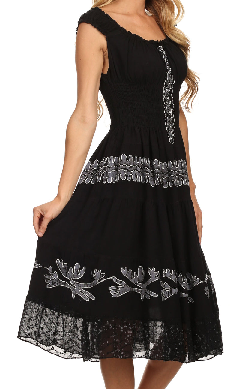 Sakkas Monica Boho Smocked Waist Sleeveless Mid-Length Embroidered Batik Dress