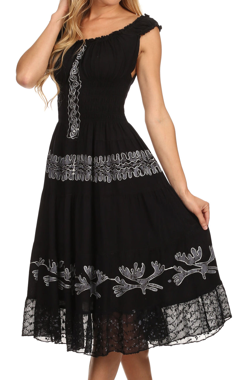 Sakkas Monica Boho Smocked Waist Sleeveless Mid-Length Embroidered Batik Dress