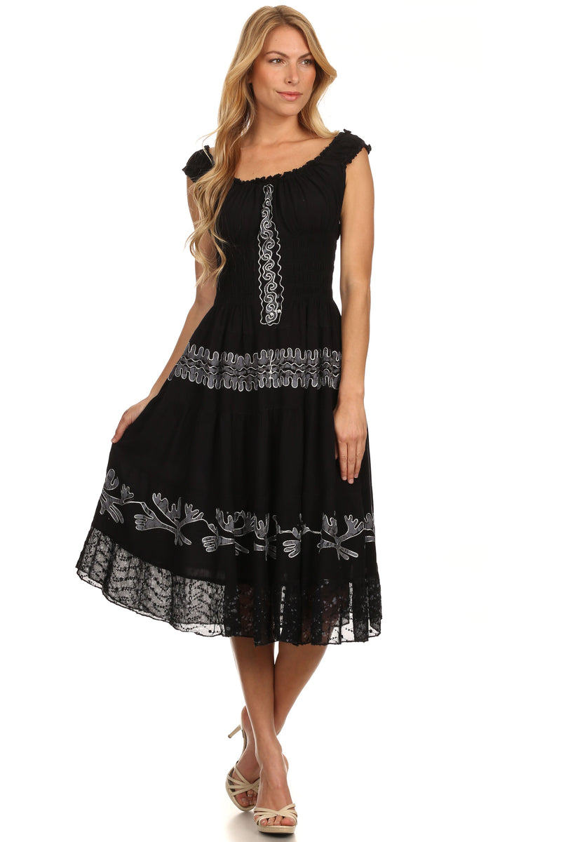 Sakkas Monica Boho Smocked Waist Sleeveless Mid-Length Embroidered Batik Dress