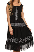Sakkas Monica Boho Smocked Waist Sleeveless Mid-Length Embroidered Batik Dress#color_Black/Grey