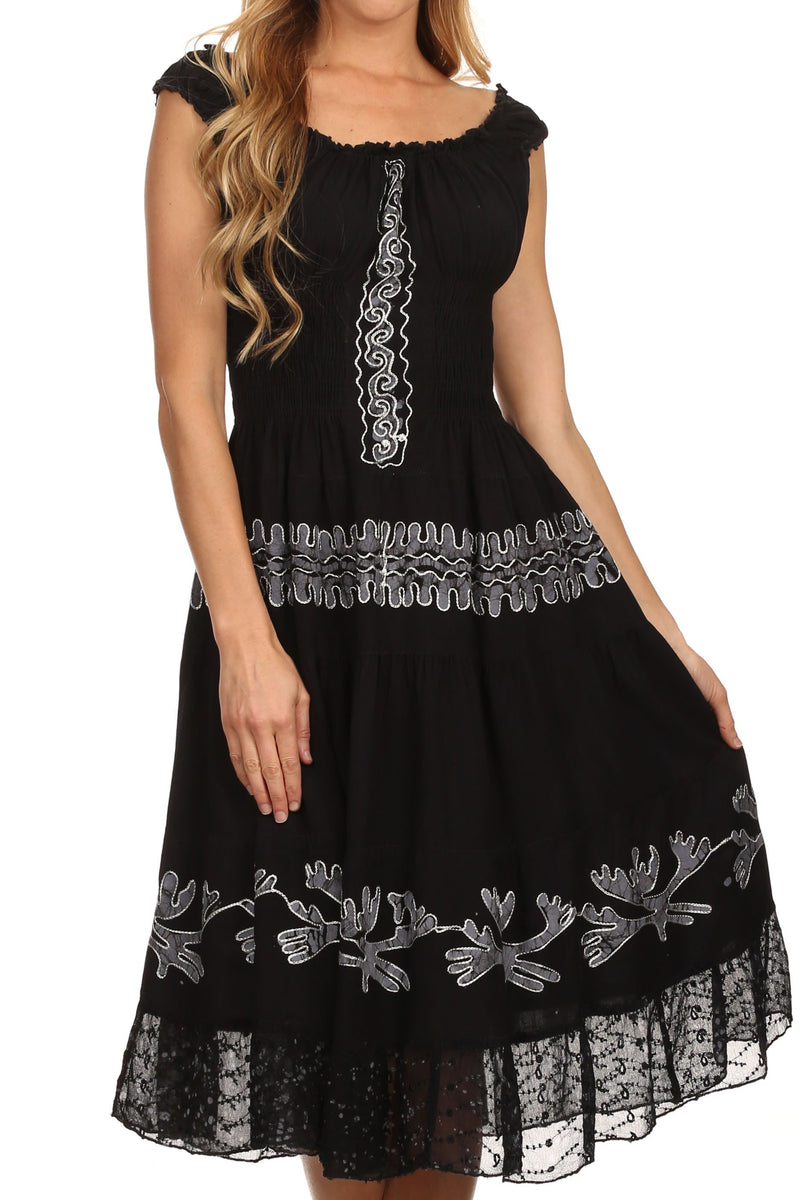 Sakkas Monica Boho Smocked Waist Sleeveless Mid-Length Embroidered Batik Dress