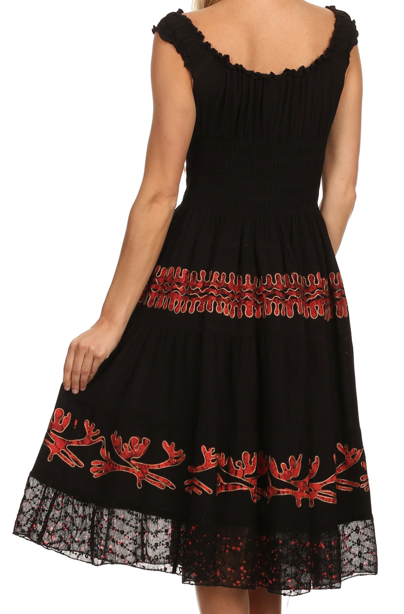 Sakkas Monica Boho Smocked Waist Sleeveless Mid-Length Embroidered Batik Dress