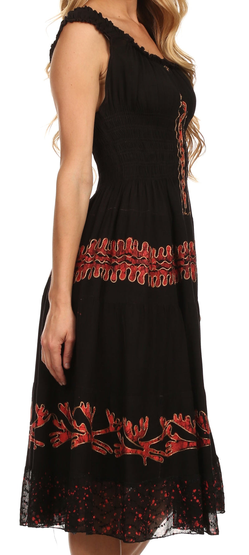 Sakkas Monica Boho Smocked Waist Sleeveless Mid-Length Embroidered Batik Dress
