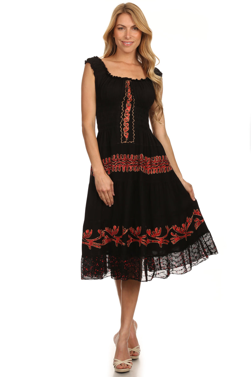 Sakkas Monica Boho Smocked Waist Sleeveless Mid-Length Embroidered Batik Dress