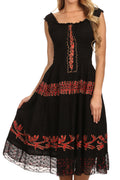 Sakkas Monica Boho Smocked Waist Sleeveless Mid-Length Embroidered Batik Dress#color_Black/Red