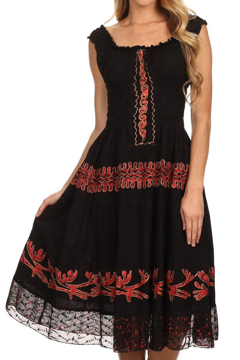 Sakkas Monica Boho Smocked Waist Sleeveless Mid-Length Embroidered Batik Dress