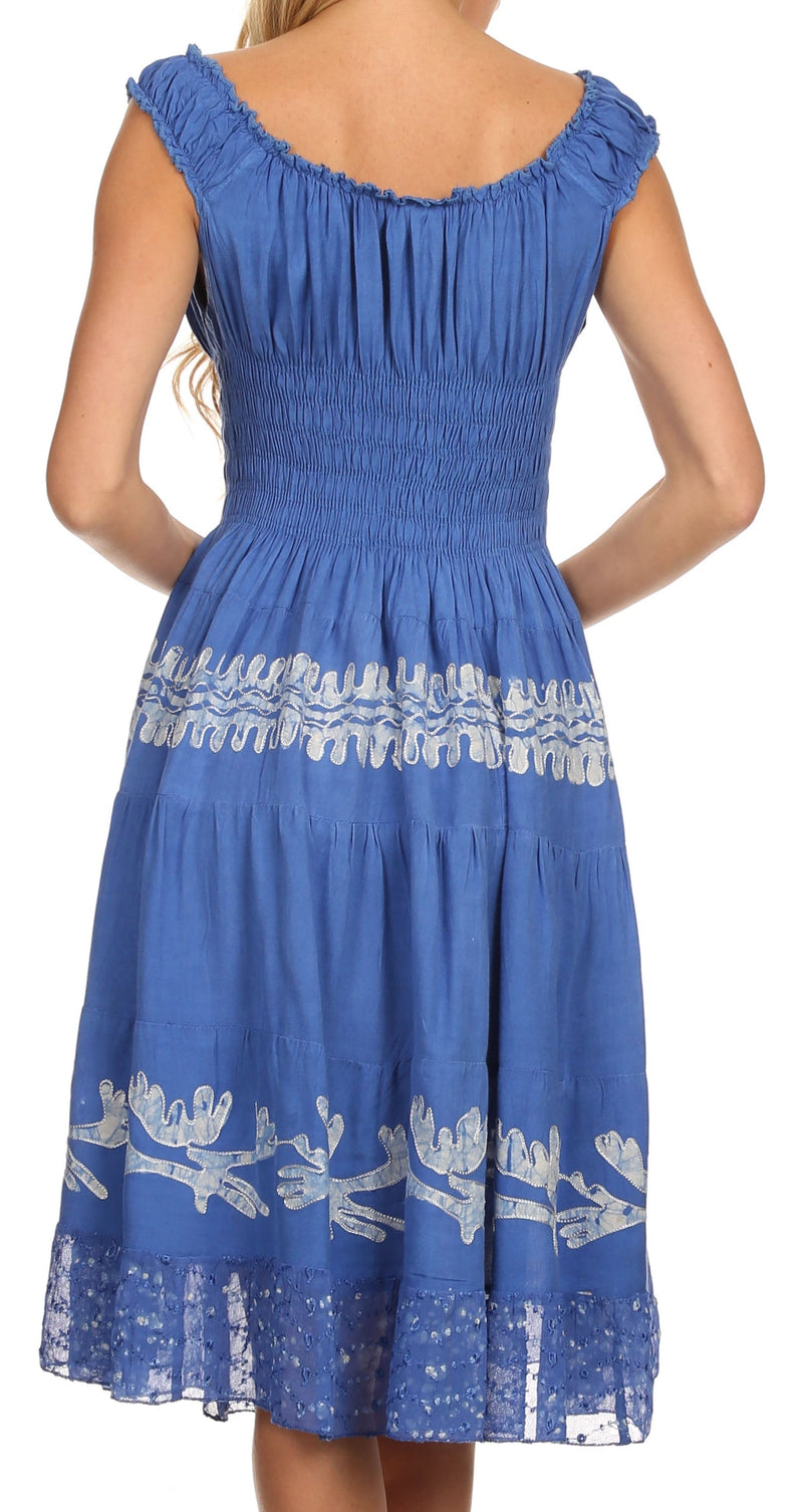 Sakkas Monica Boho Smocked Waist Sleeveless Mid-Length Embroidered Batik Dress