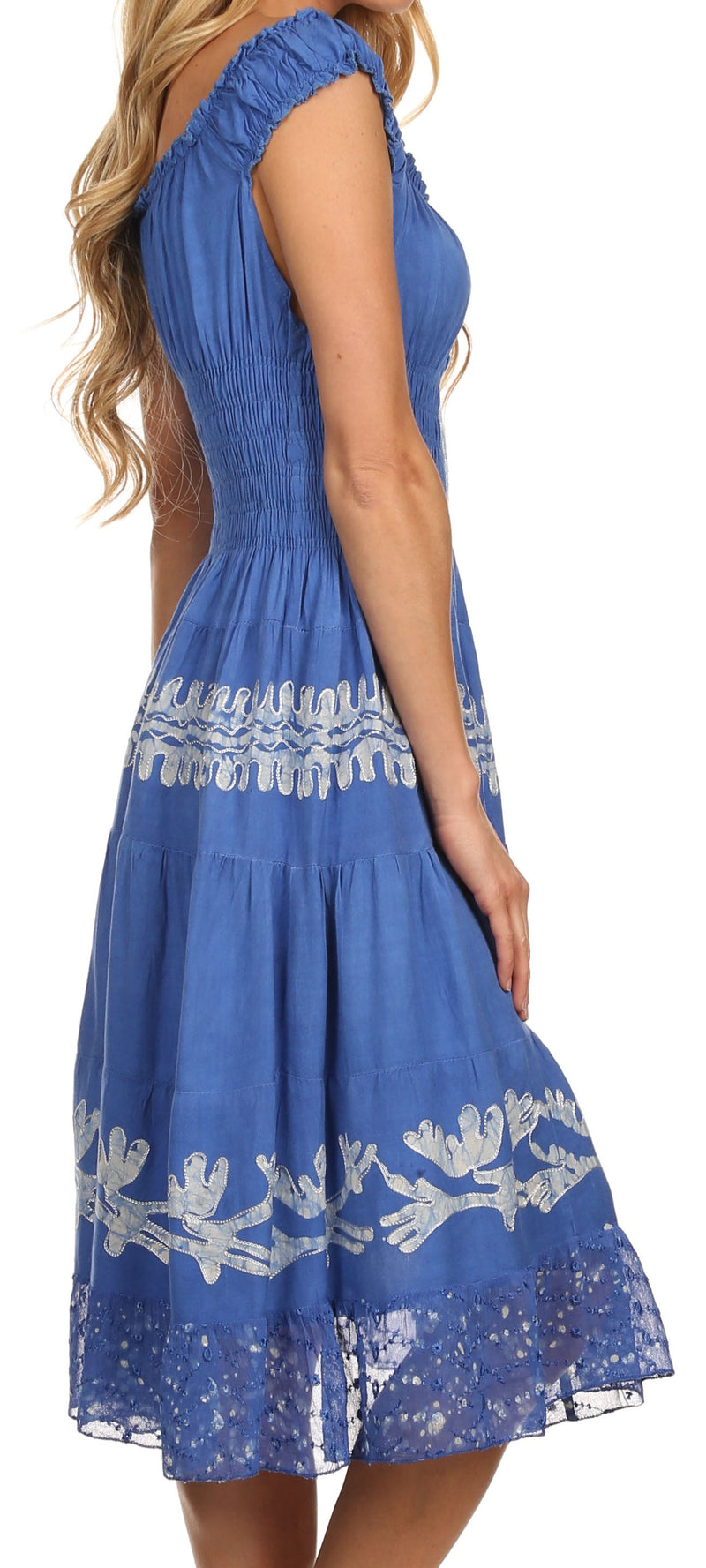 Sakkas Monica Boho Smocked Waist Sleeveless Mid-Length Embroidered Batik Dress