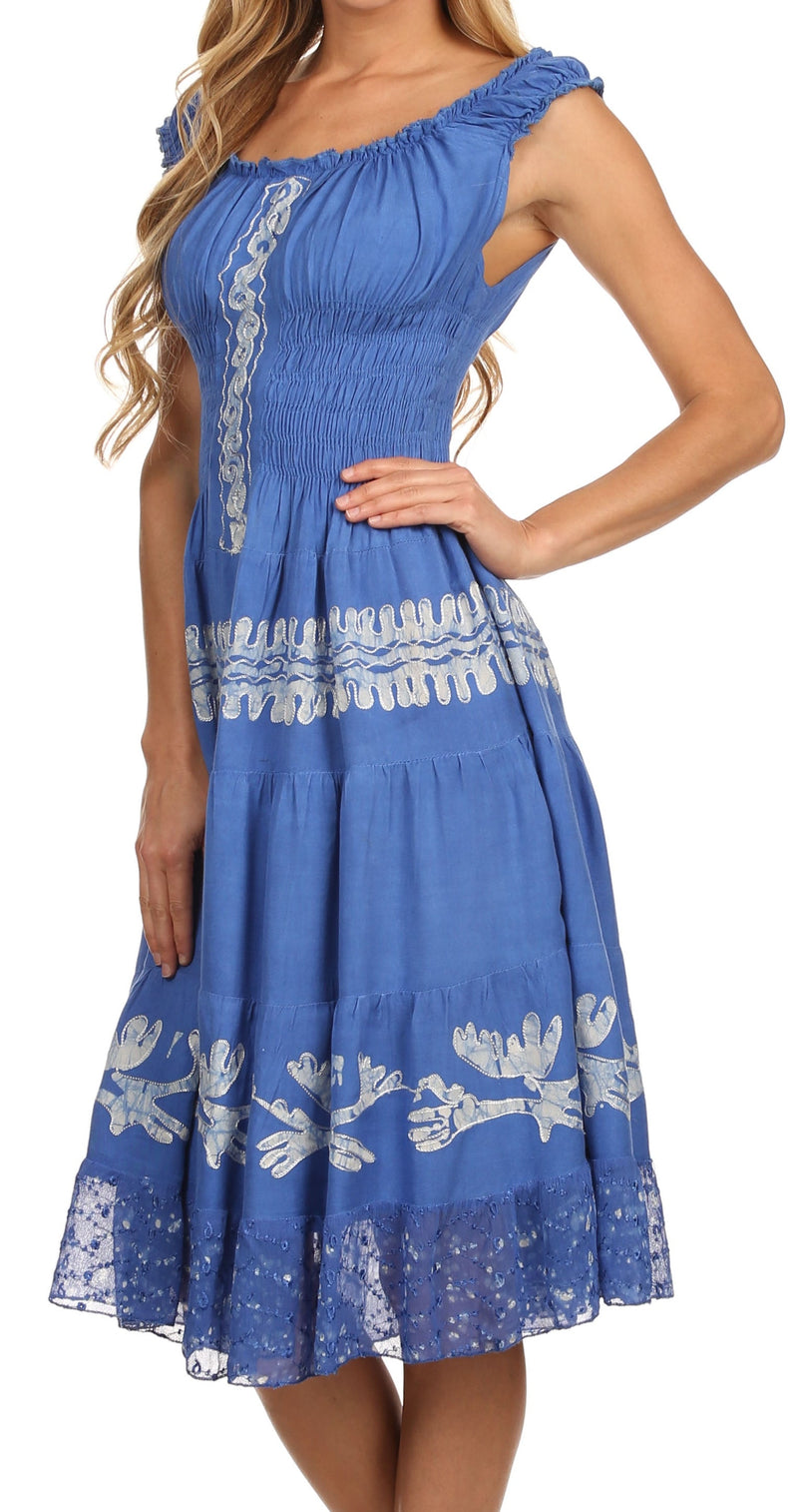 Sakkas Monica Boho Smocked Waist Sleeveless Mid-Length Embroidered Batik Dress