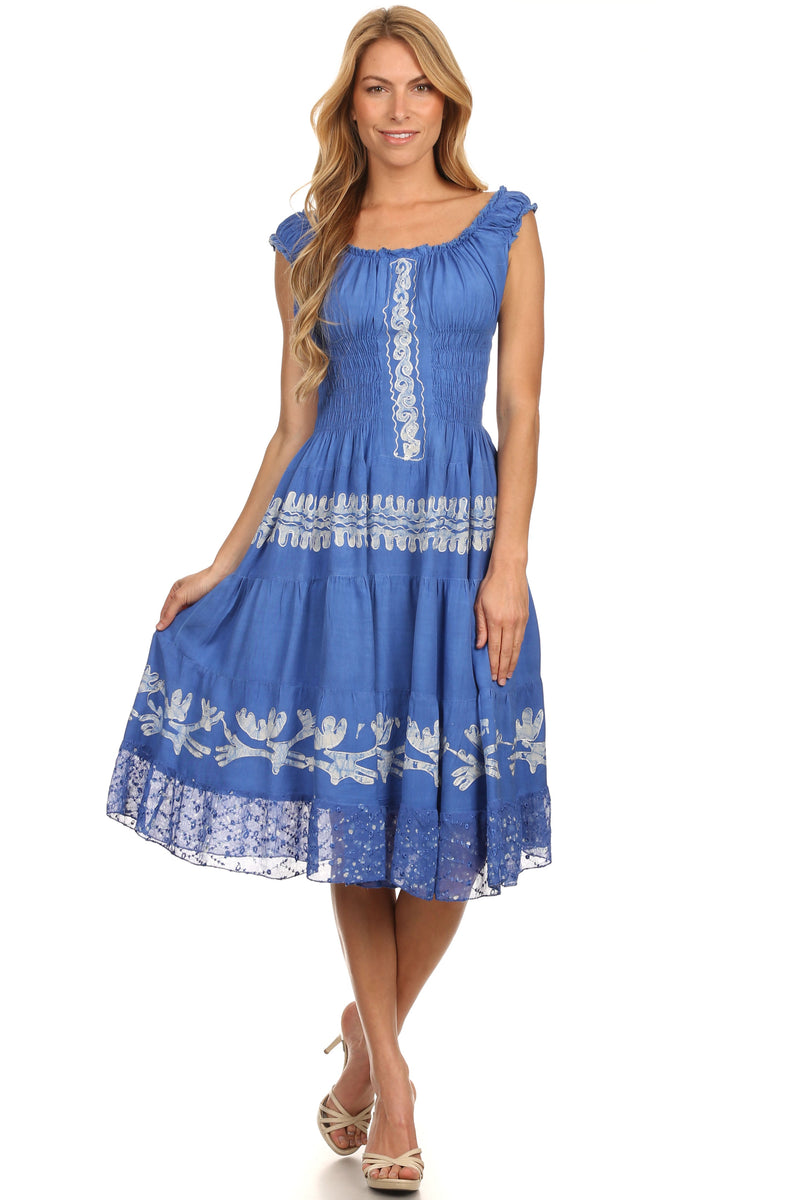 Sakkas Monica Boho Smocked Waist Sleeveless Mid-Length Embroidered Batik Dress