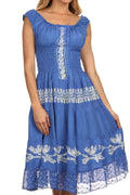 Sakkas Monica Boho Smocked Waist Sleeveless Mid-Length Embroidered Batik Dress#color_Blue/White