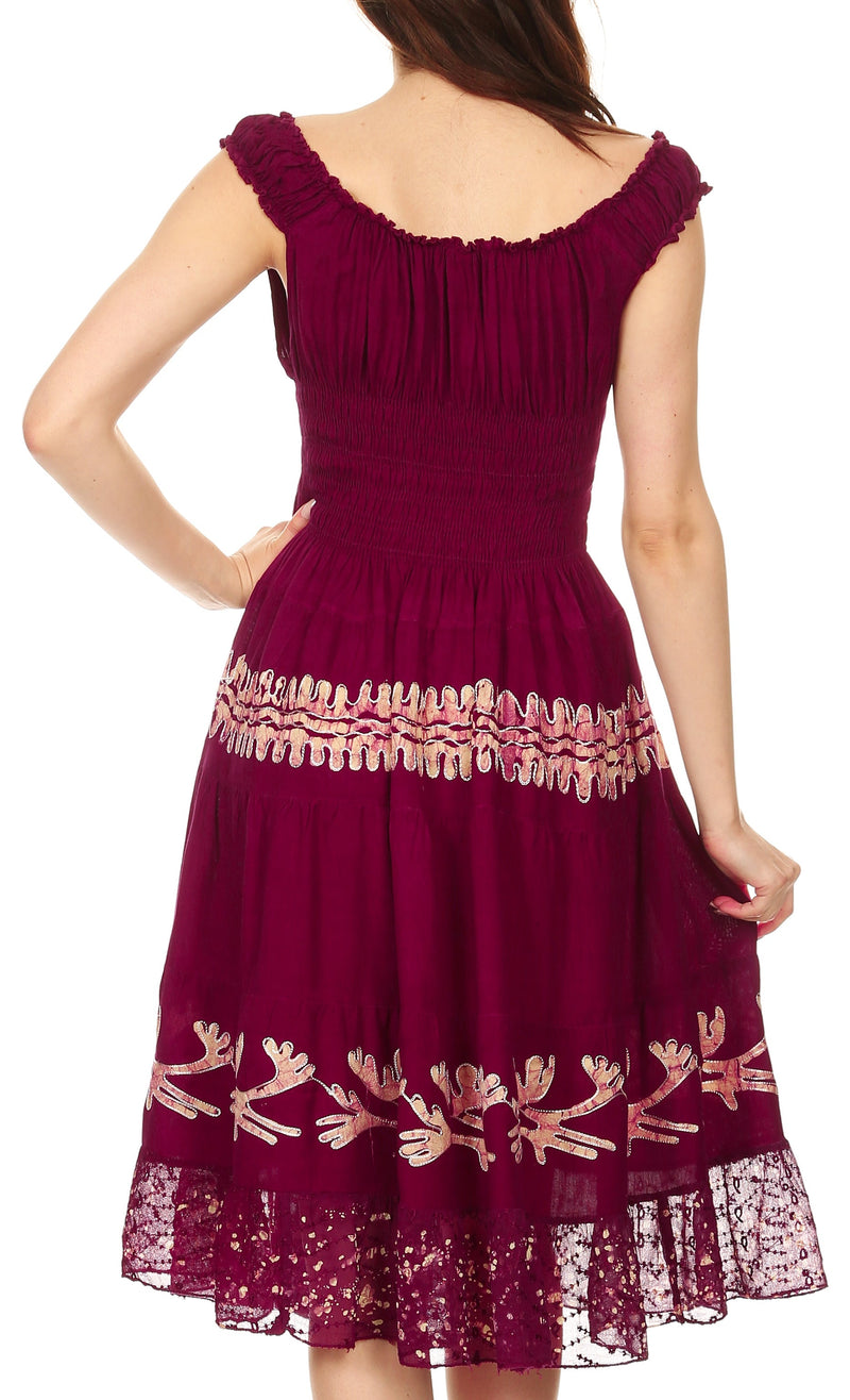 Sakkas Monica Boho Smocked Waist Sleeveless Mid-Length Embroidered Batik Dress