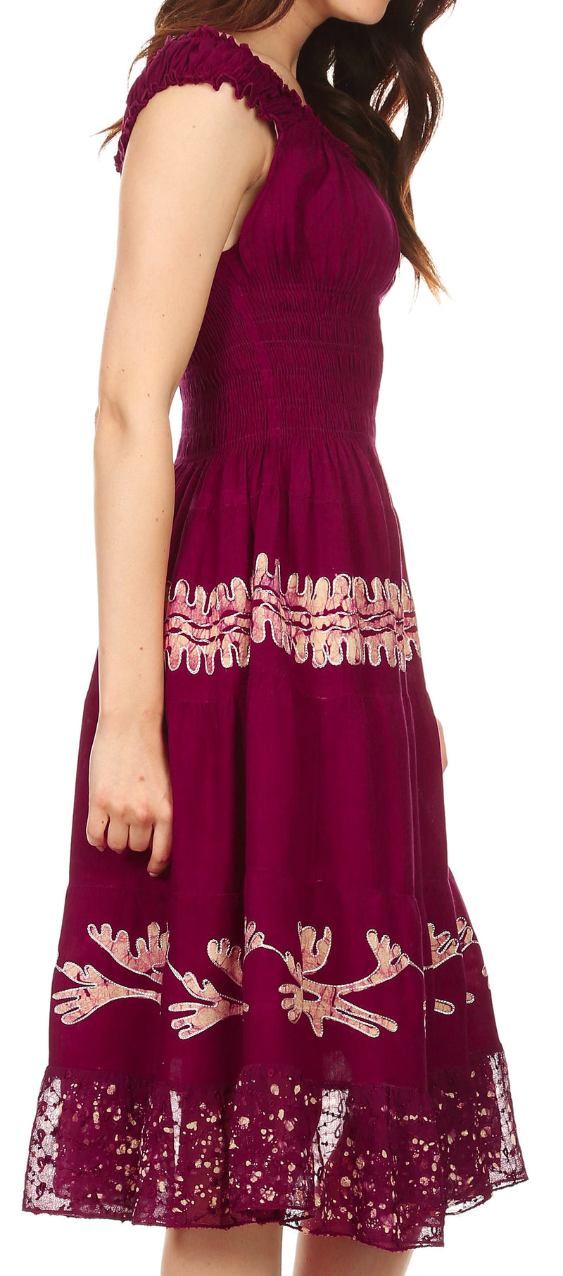 Sakkas Monica Boho Smocked Waist Sleeveless Mid-Length Embroidered Batik Dress