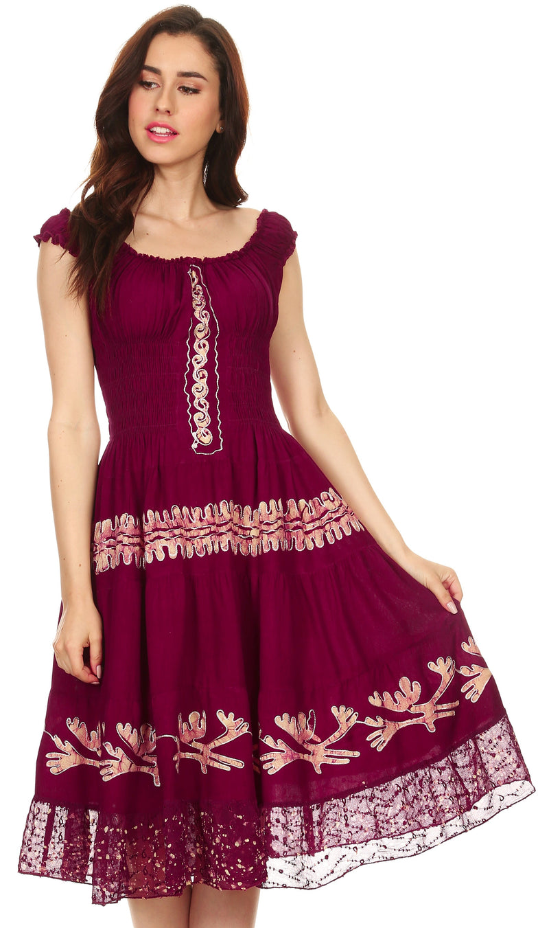Sakkas Monica Boho Smocked Waist Sleeveless Mid-Length Embroidered Batik Dress