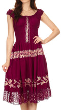 Sakkas Monica Boho Smocked Waist Sleeveless Mid-Length Embroidered Batik Dress#color_Burgundy/Cream
