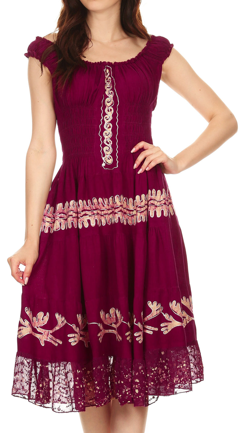 Sakkas Monica Boho Smocked Waist Sleeveless Mid-Length Embroidered Batik Dress