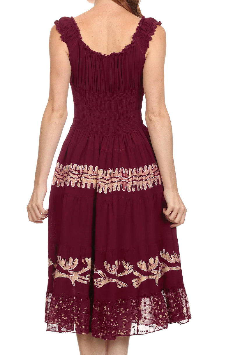 Sakkas Monica Boho Smocked Waist Sleeveless Mid-Length Embroidered Batik Dress