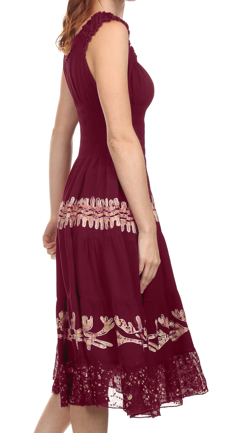 Sakkas Monica Boho Smocked Waist Sleeveless Mid-Length Embroidered Batik Dress