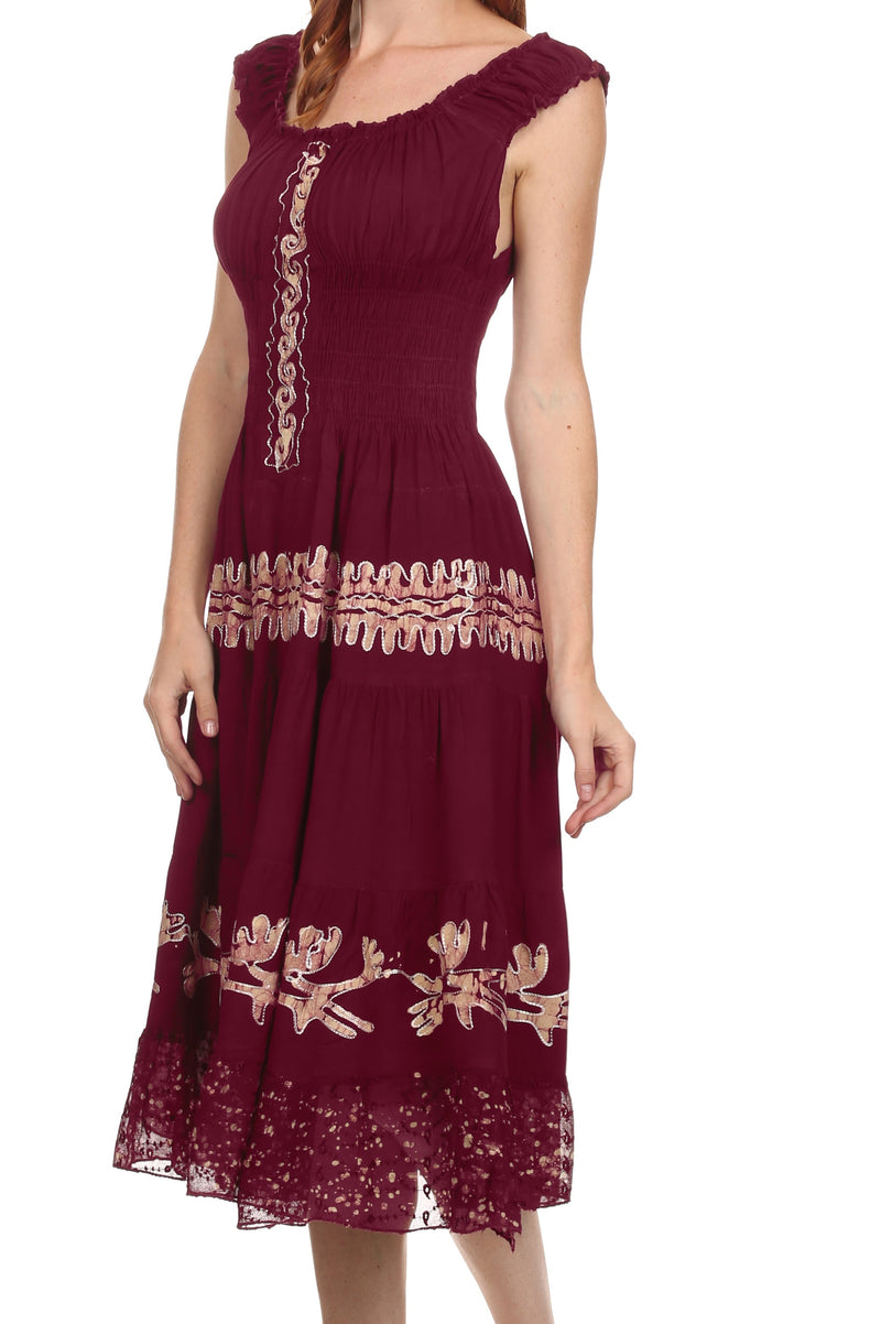 Sakkas Monica Boho Smocked Waist Sleeveless Mid-Length Embroidered Batik Dress