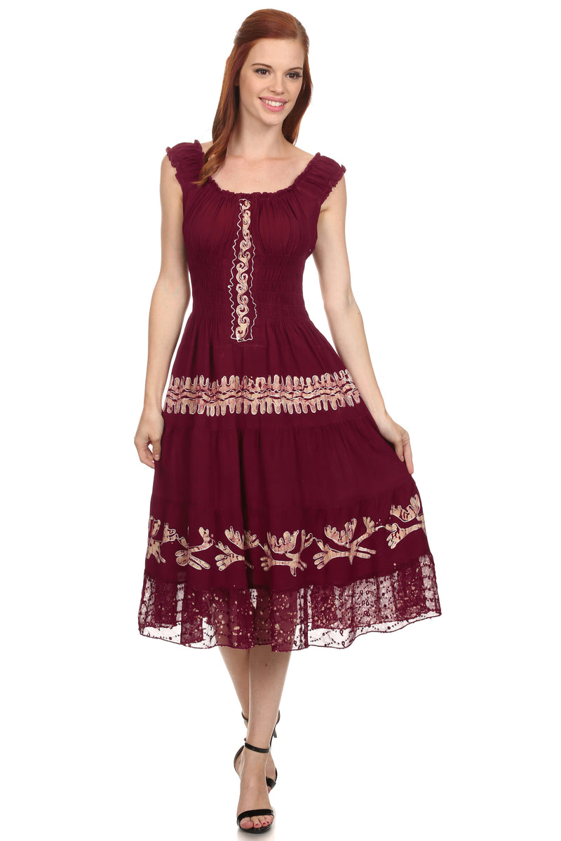 Sakkas Monica Boho Smocked Waist Sleeveless Mid-Length Embroidered Batik Dress