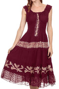 Sakkas Monica Boho Smocked Waist Sleeveless Mid-Length Embroidered Batik Dress#color_Chocolate/Cream