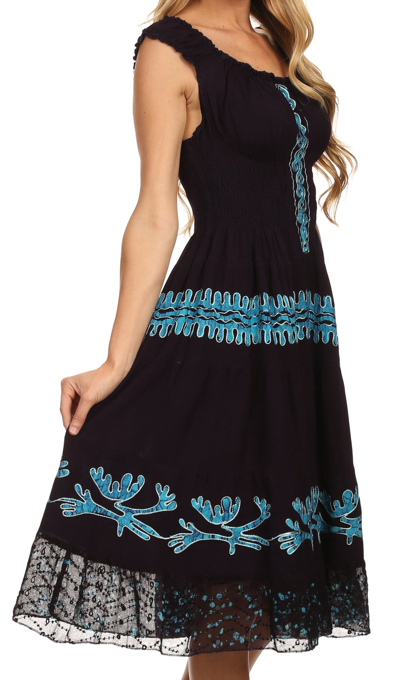 Sakkas Monica Boho Smocked Waist Sleeveless Mid-Length Embroidered Batik Dress
