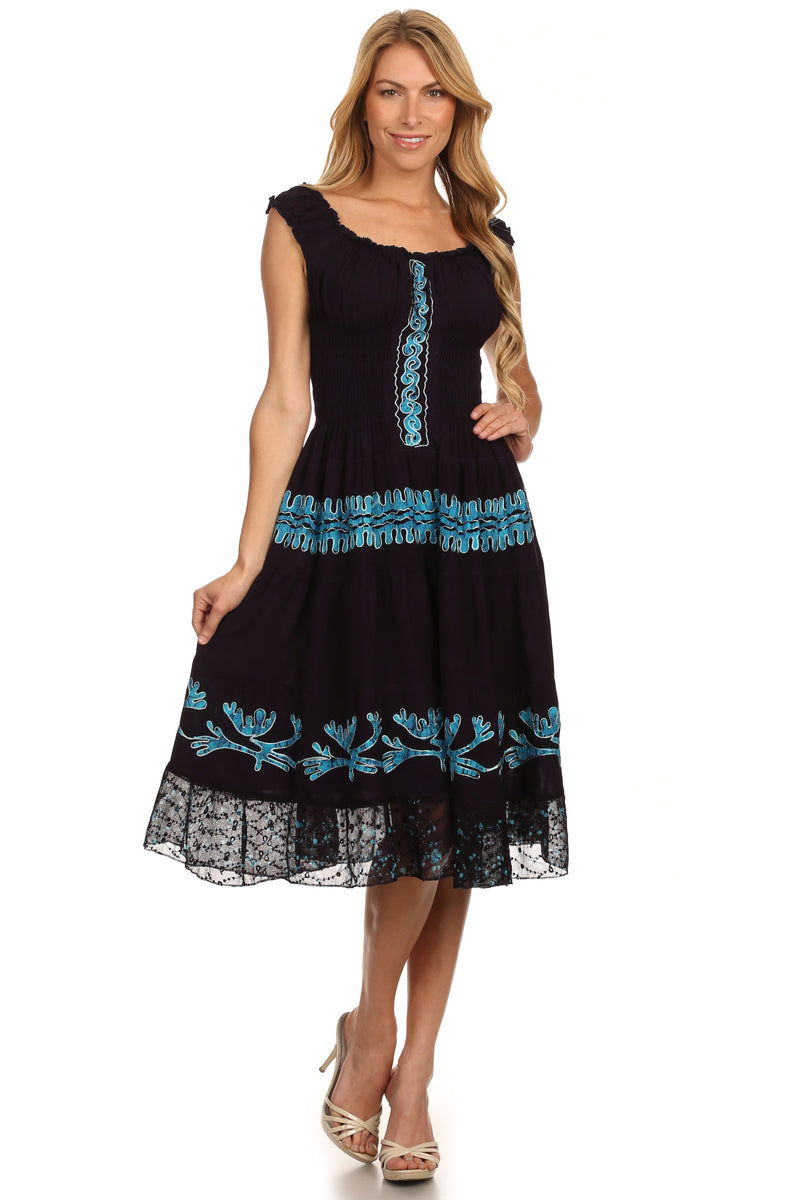 Sakkas Monica Boho Smocked Waist Sleeveless Mid-Length Embroidered Batik Dress