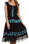 Sakkas Monica Boho Smocked Waist Sleeveless Mid-Length Embroidered Batik Dress#color_Eggplant/Turquoise