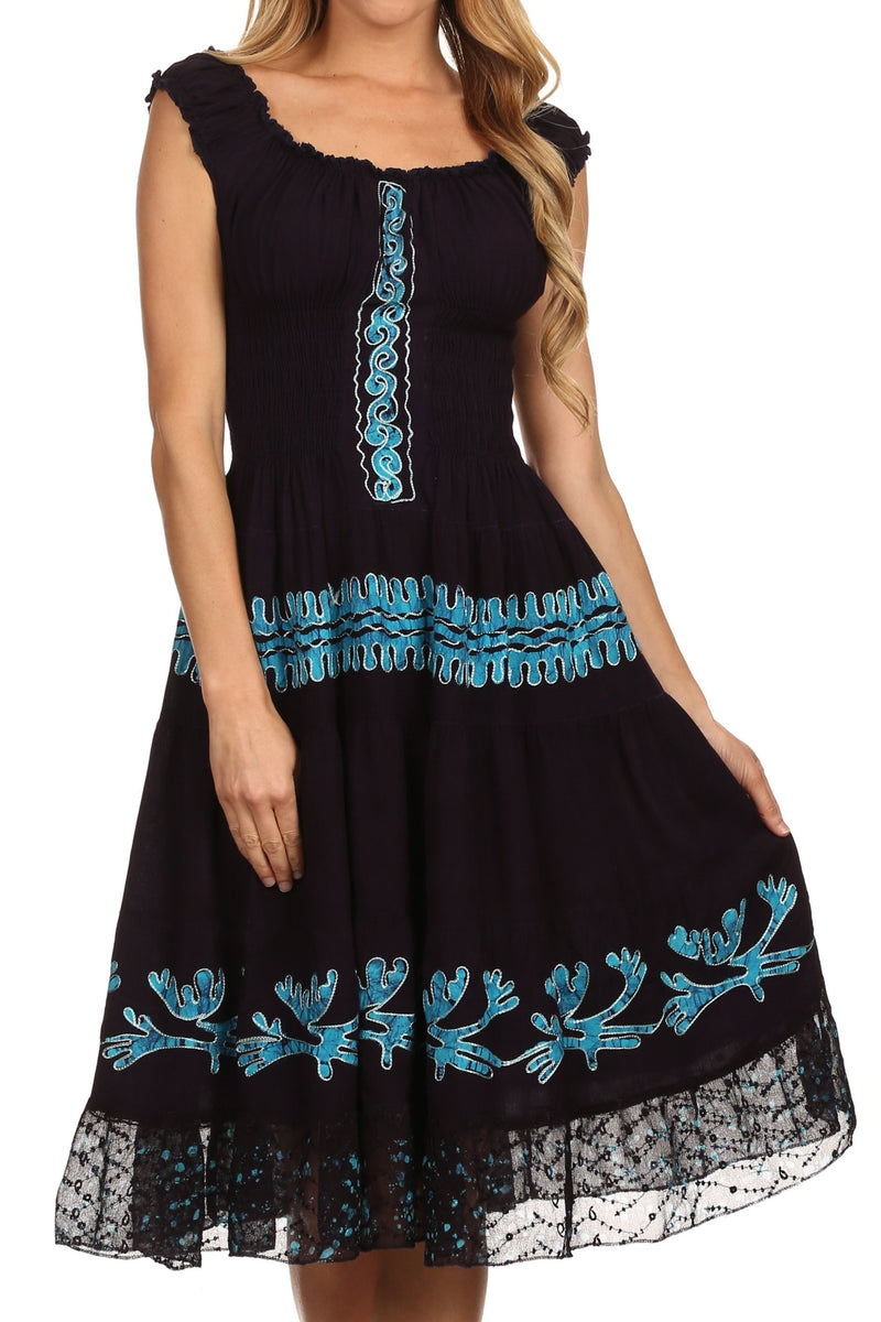 Sakkas Monica Boho Smocked Waist Sleeveless Mid-Length Embroidered Batik Dress