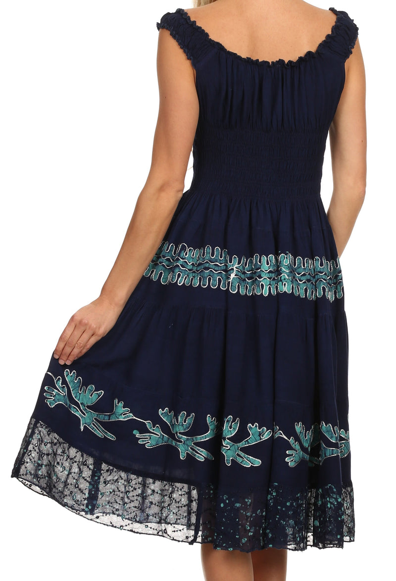 Sakkas Monica Boho Smocked Waist Sleeveless Mid-Length Embroidered Batik Dress