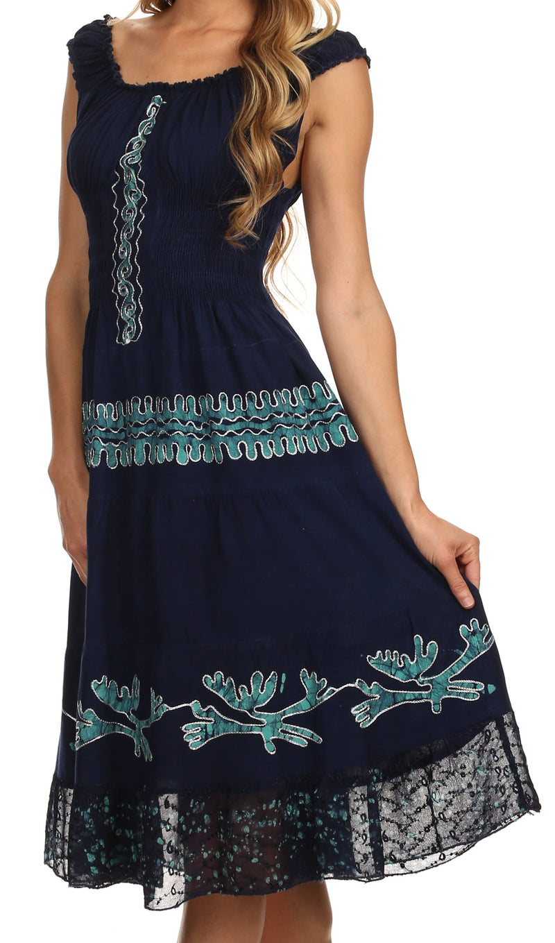 Sakkas Monica Boho Smocked Waist Sleeveless Mid-Length Embroidered Batik Dress