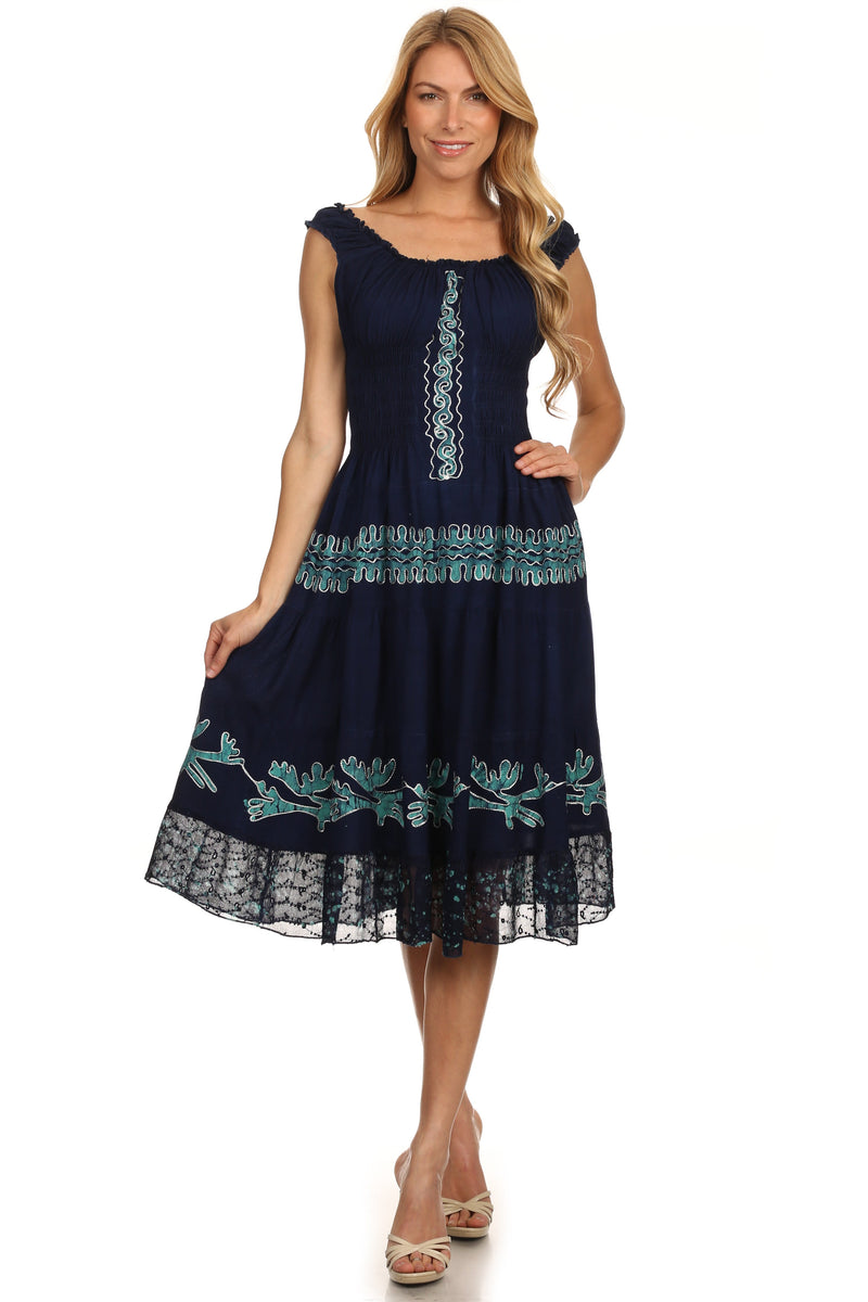 Sakkas Monica Boho Smocked Waist Sleeveless Mid-Length Embroidered Batik Dress