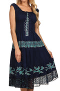 Sakkas Monica Boho Smocked Waist Sleeveless Mid-Length Embroidered Batik Dress#color_Navy/Mint