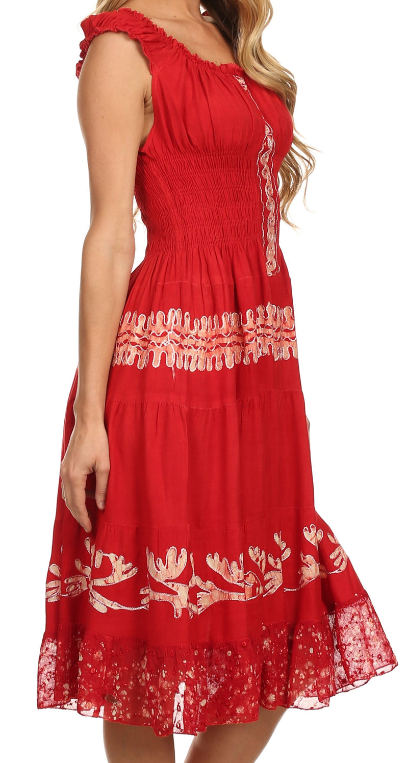 Sakkas Monica Boho Smocked Waist Sleeveless Mid-Length Embroidered Batik Dress