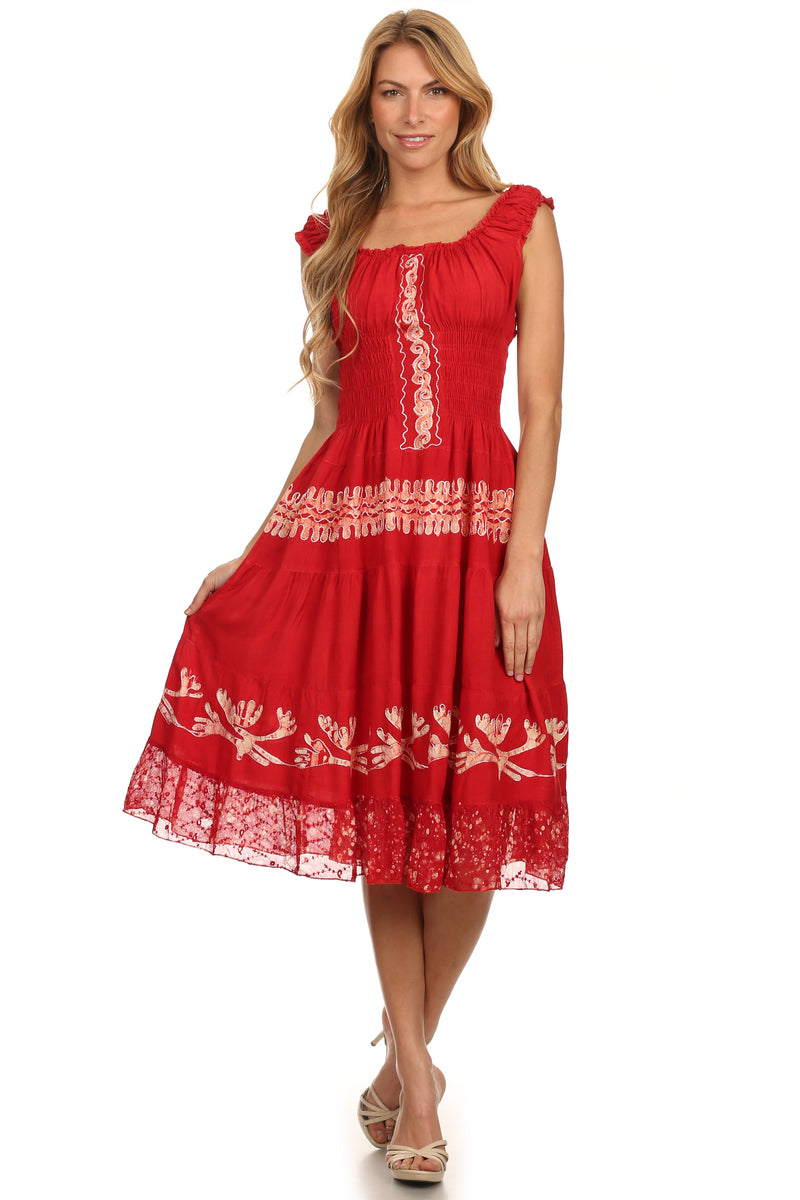 Sakkas Monica Boho Smocked Waist Sleeveless Mid-Length Embroidered Batik Dress