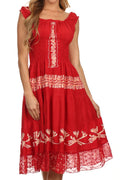 Sakkas Monica Boho Smocked Waist Sleeveless Mid-Length Embroidered Batik Dress#color_Red/Cream