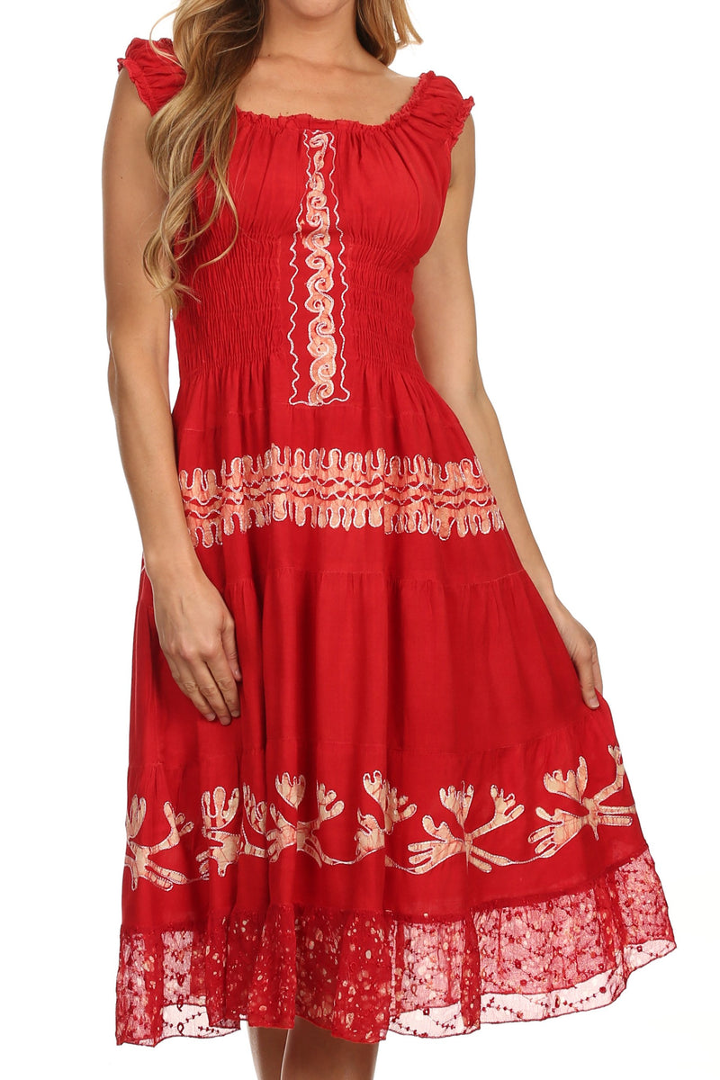 Sakkas Monica Boho Smocked Waist Sleeveless Mid-Length Embroidered Batik Dress