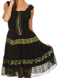 Olivia Gypsy Boho Peasant Batik Dress#color_Black/Green