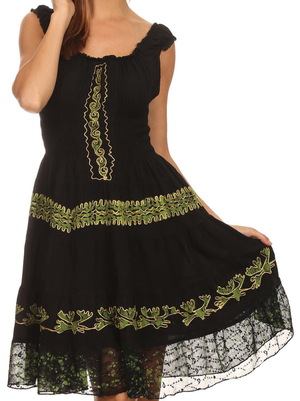Olivia Gypsy Boho Peasant Batik Dress#color_Black / Green