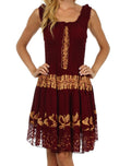Olivia Gypsy Boho Peasant Batik Dress#color_Chocolate/Gold