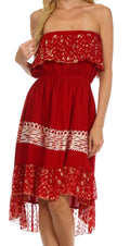 Sakkas Akshita Batik Hi Lo Crepe Ruffle Dress#color_Red/Cream