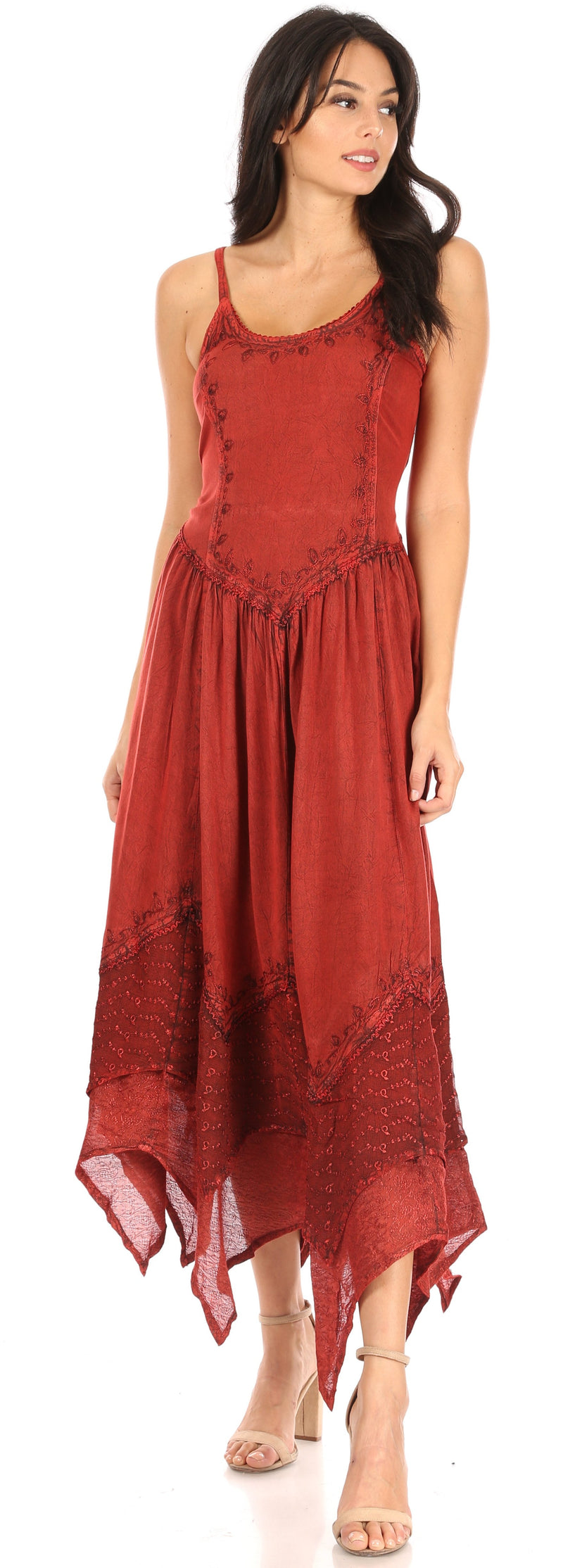 Sakkas Rayon Embroidered Stonewashed Adjustable Spaghetti Straps Long Dress