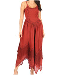 Sakkas Rayon Embroidered Stonewashed Adjustable Spaghetti Straps Long Dress#color_Burgundy