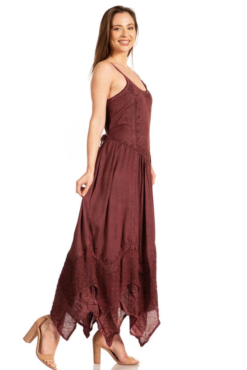 Sakkas Rayon Embroidered Stonewashed Adjustable Spaghetti Straps Long Dress