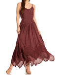 Sakkas Rayon Embroidered Stonewashed Adjustable Spaghetti Straps Long Dress#color_Chocolate