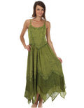 Sakkas Rayon Embroidered Stonewashed Adjustable Spaghetti Straps Long Dress#color_Green